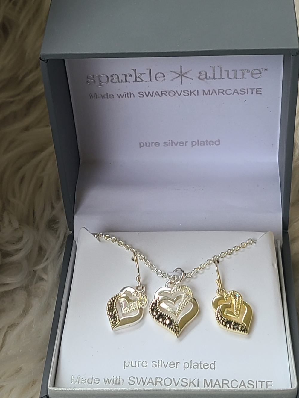 Sparkle Allure Silver Plated Swarovski Marcasite Heart Necklace & Earrings- New
